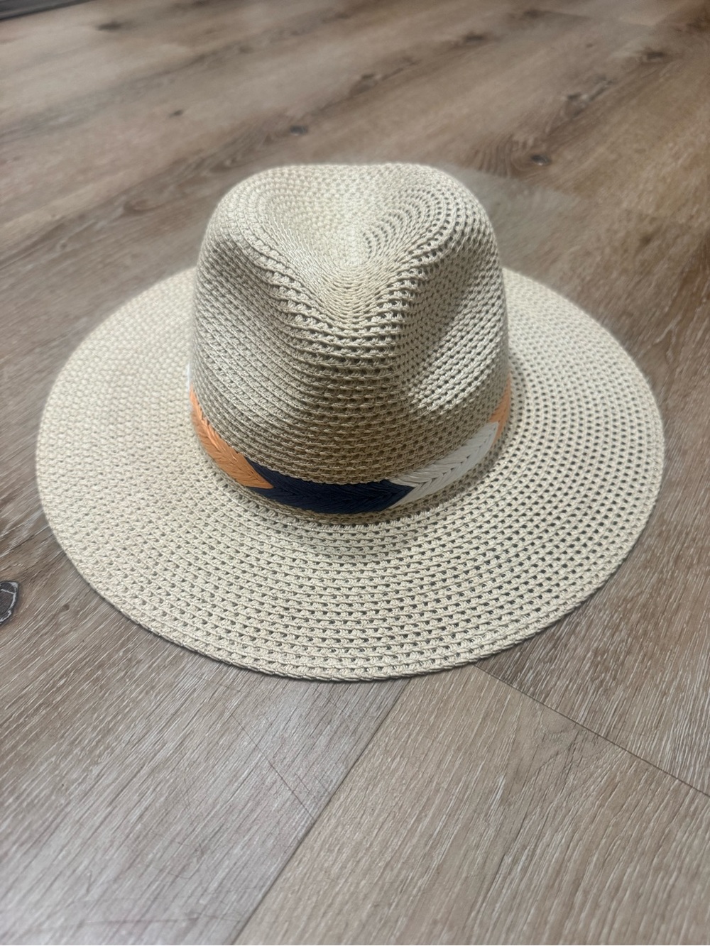 Old Navy Beige Straw Fedora with Navy, Orange & White Band